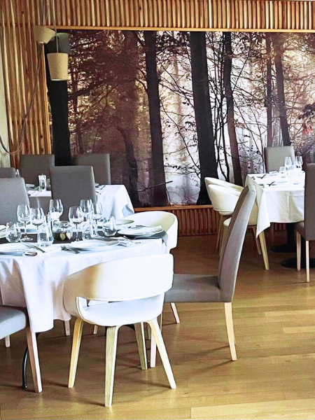 Salle Forest du restaurant L’Absolu à Auros, salle climatisée avec vue sur le jardin et décoration boisée inspirée de la nature