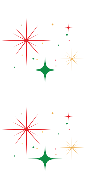 Décor festif avec étoiles stylisées en rouge, vert et doré, utilisé sur la page du Menu des Fêtes du restaurant L’Absolu.