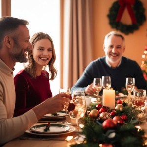 Table de Noël élégamment dressée à la maison, créant une ambiance chaleureuse idéale pour déguster la Carte à emporter du restaurant L’Absolu.
