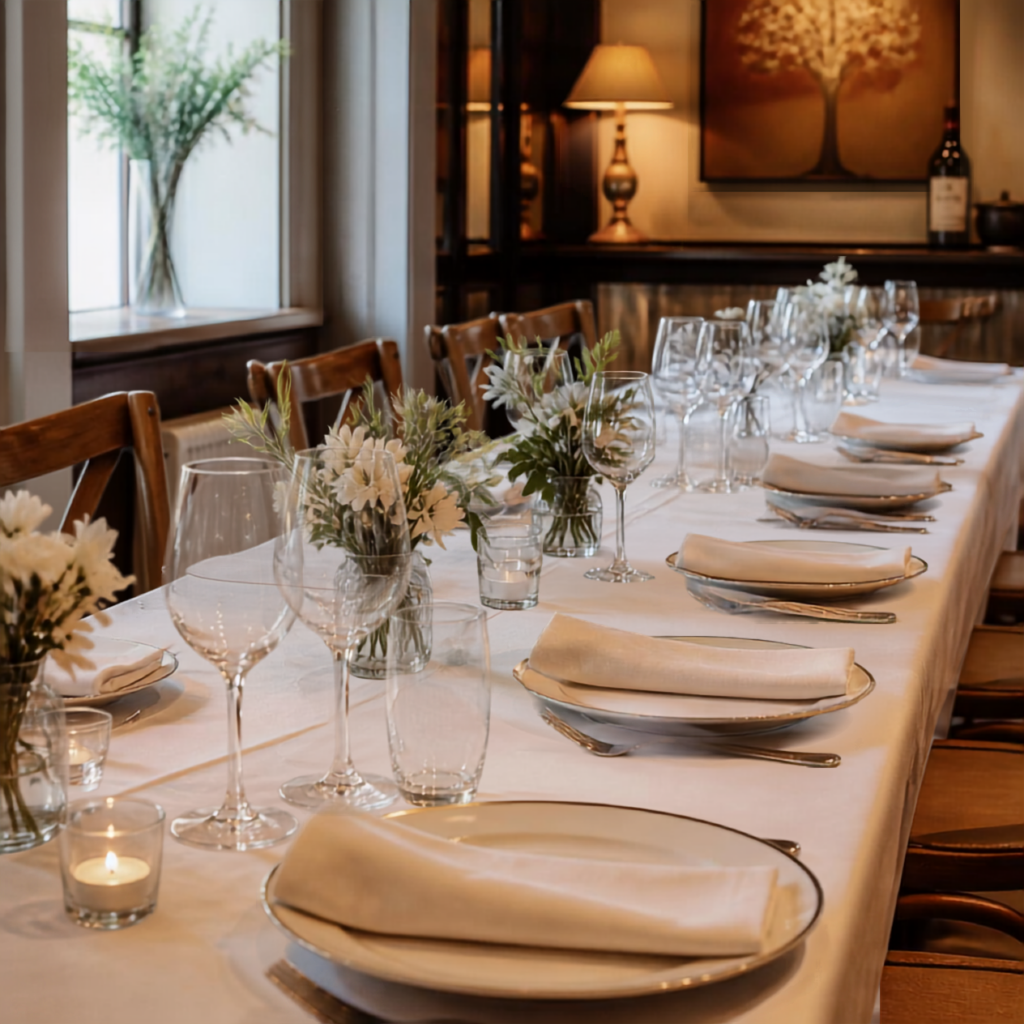 Salle élégante dressée pour un repas de départ en retraite au Restaurant L'Absolu à Auros, Sud-Gironde
